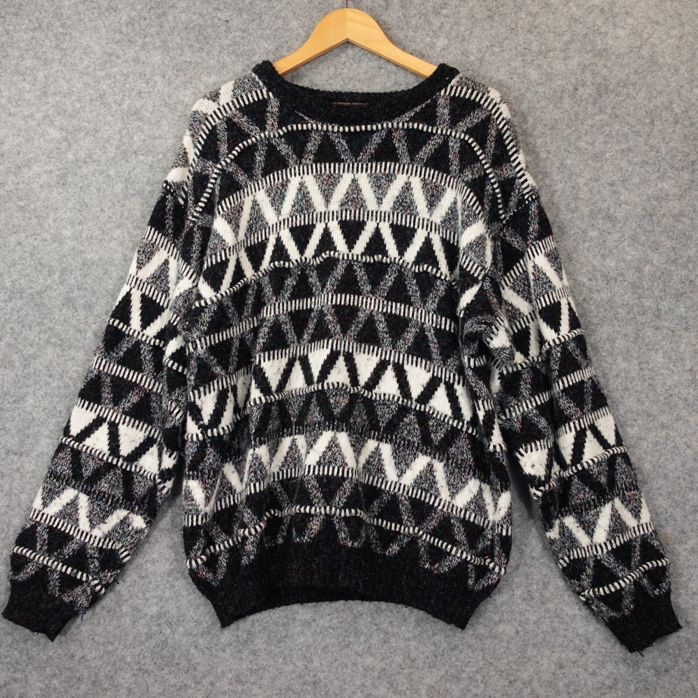 90s‎ Vintage CONCRETE MIX Indie Sweater Adult Medium Black White Textured Argyle